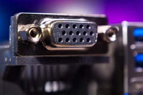 Close view of a VGA connector on a computer motherboard with USB ports in the Stock Photos