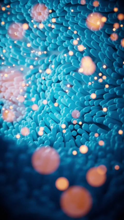 Close up view of vibrant blue villi with glowing particles in dynamic motio.. Stock-Footage 332390733