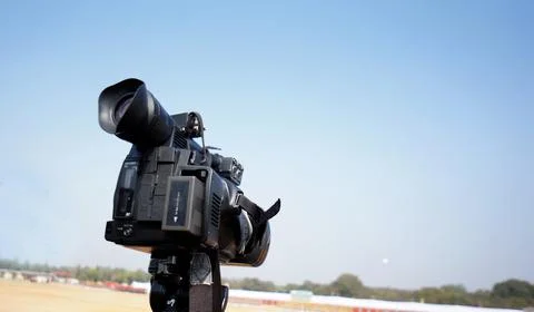 Close-up view of Video Camera against blue sky in outdoors Stock-Fotos