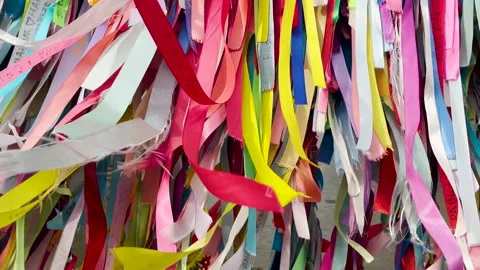 Close up view of View of colorful ribbons blowing in the wind. Abstract Stock Footage 303434147