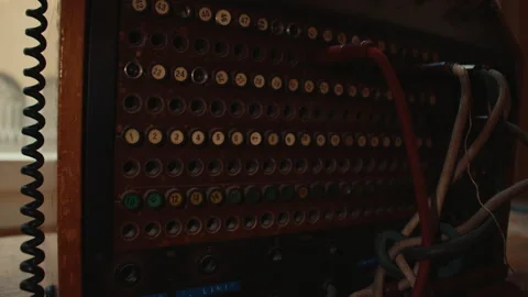 Close view of vintage communication jack panel with analog connectors Stock Footage 340490373