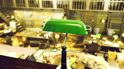 Close view of vintage decorative lamp with textured shade and worn brass stem Stock Footage 341829819