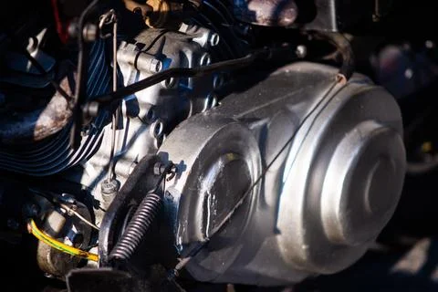 Close up view of vintage motorcycle engine case and kickstart mechanical as.. 库存照片