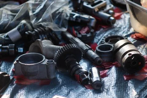 Close Up View of Vintage Motorcycle Engine Camshafts and Internal Steel Gears 库存照片