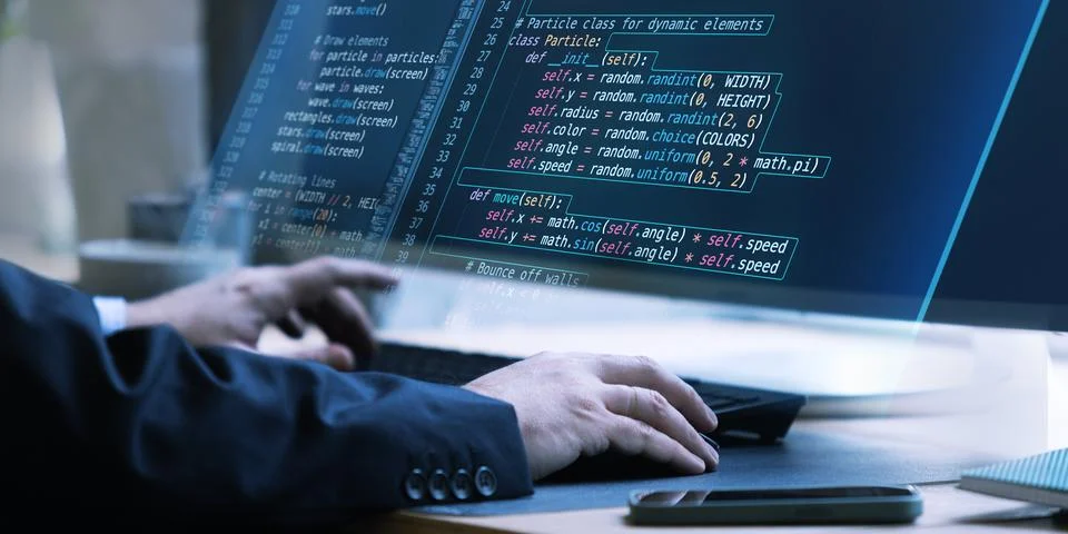 Close-up view of virtual coding screen with fictional code, showcasing problem Foto stock