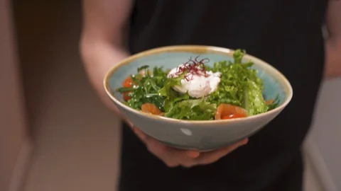 A close-up view, waiter is bringing out food to the customer. Gourmet appetizer Stock Footage 102760139