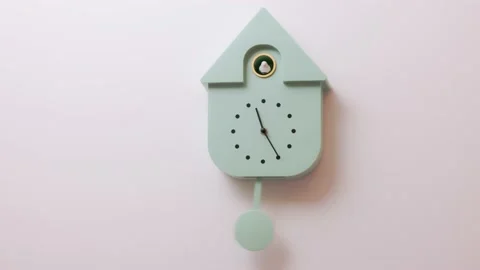 Close up view of wall cuckoo clock on pink background. Sweden. Video stock 165907495