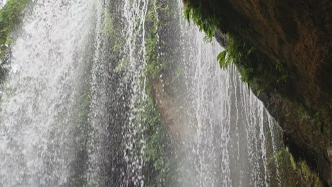 Close-up view of water cascading down a textured, mossy rock face in a 库存影片 336060205