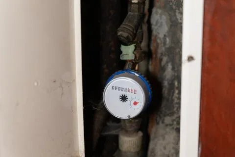 A close-up view of a water meter installed on an old plumbing pipe inside a Stock Photos