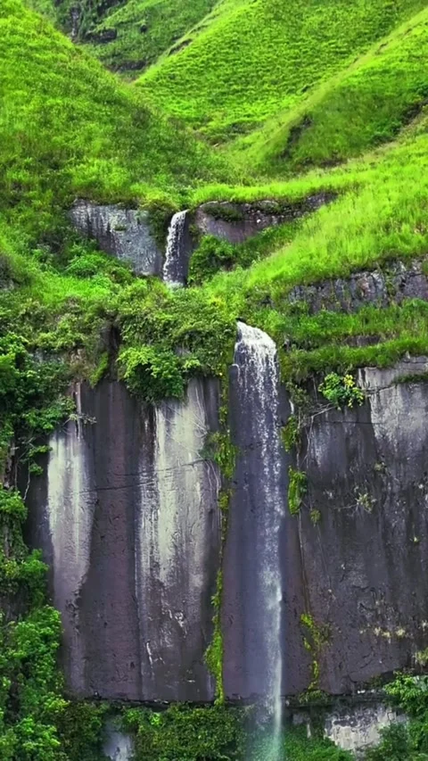 Close-Up View of a Waterfall in a Lush Green Valley Stock Footage 310073147
