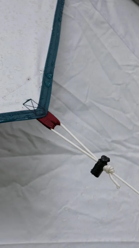 Close Up View of Waterproof Camping Tent Corner with Secure Guy Line Stock Footage 341991145