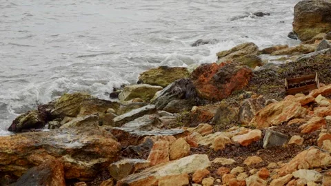 Close View of Waves and Rugged Rocks Along the Shore Stock-Footage 345007284