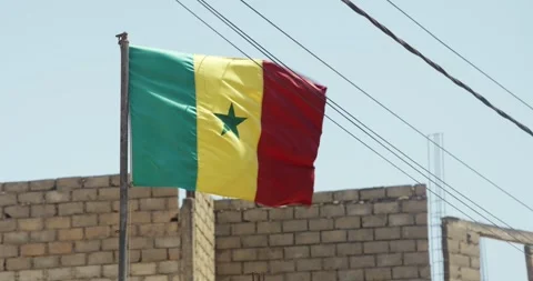 Close View of Waving Senegal Flag with Traditional Buildings, Dakar Stock Footage 316694302