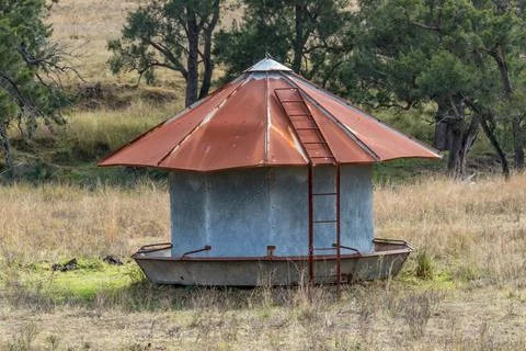 Close-up view of a weathered, rusty cattle feeder standing in a rural paddock Foto stock