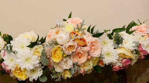 Close up view of wedding bouquets lying on the table Stock Footage