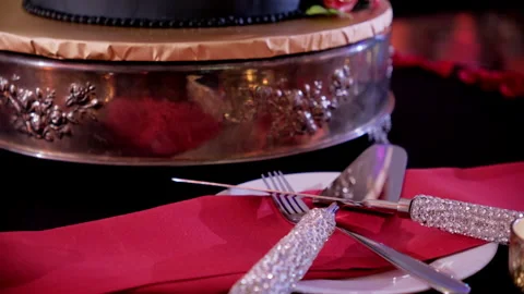 Close up view of Wedding cake and Knife to cut a cake on wedding event. Close up Stock Footage 314677690