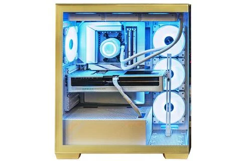 Close-up view of a well-organized computer case with internal lighting, contr Stock Photos