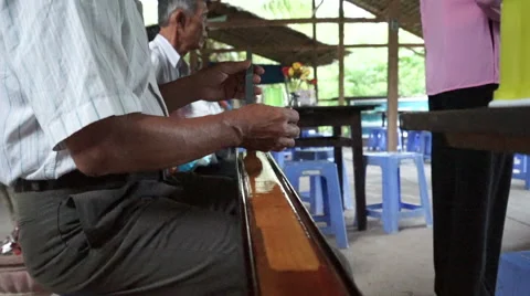 Close-up view where man is playing the dan bau for tourists in vietnamese Video stock 67426237
