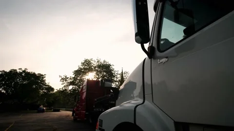 Close up view of white cabin trucks stand in the parking lot. Rear view Video stock 158373673