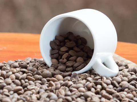 Close view of a white cup on its side with coffee beans spilling out of it Stock Photos