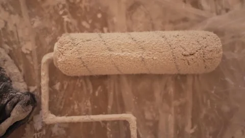 Close view of white roller with handle equipment for wall painting on the Vidéo 148153379