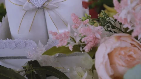 Close-Up View of a White Table Decoration at a Festive Event Stock Footage 272183540