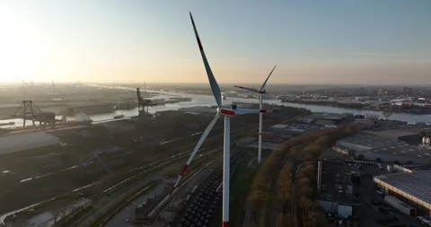 Close up view of wind turbine, renewable energy in the port of Amsterdam, The 스톡 동영상 307755367
