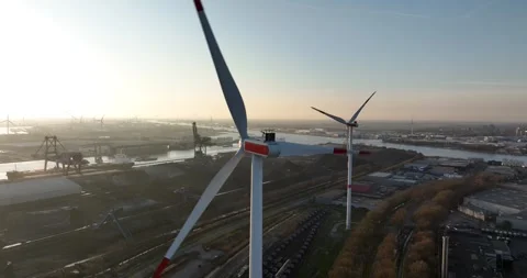 Close up view of wind turbines in the port of Amsterdam, transport, dry bulk Stockbeeldmateriaal 305587464
