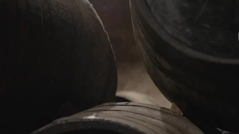 Close view of wine barrels aging inside cellar in Douro Portugal Video stock 327690985