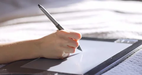 Close up view of woman hand using digital tablet drawing with stylus pen Video stock 151420236
