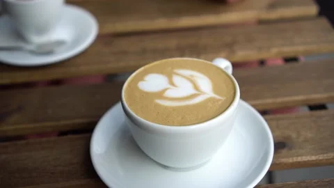 Close up view of a wonderful cup of coffee. Foam in the form of a flower Stock Footage 113555867
