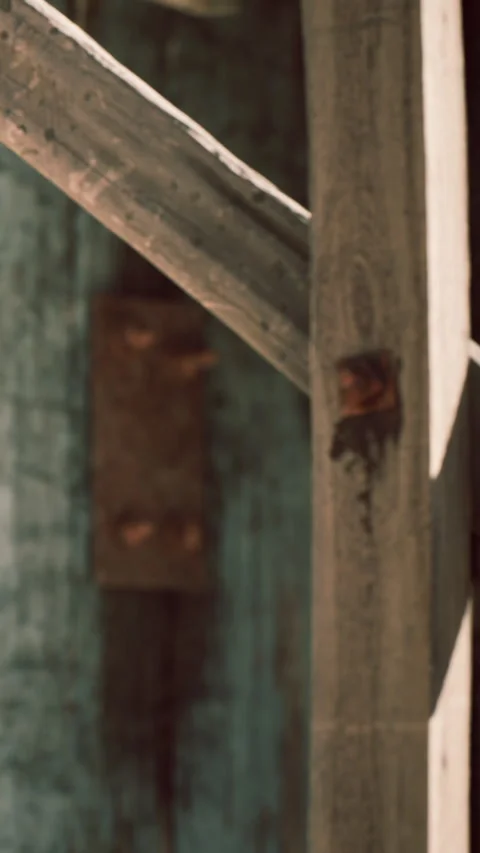 Close up view of a wooden post in a rustic setting during daylight hours Stock Footage 339783747