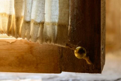 A close-up view of a wooden window frame corner with a textured junction be.. Stock Photos
