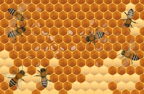 Close up view of the working bees on honey cells Stock Illustration
