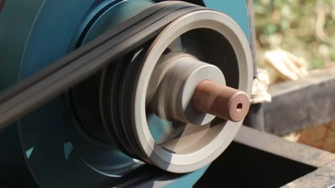 Close up view of working belt drive pulley from a diesel engine Video stock 172129612