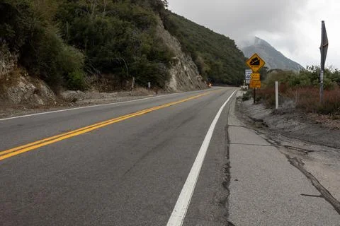 Close-up view of a worn yellow double line on the road Stock Photos