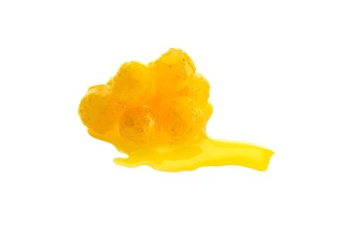 Close up view of yellow boilies in dip, fishing baits for carp isolated on wh Stock Photos