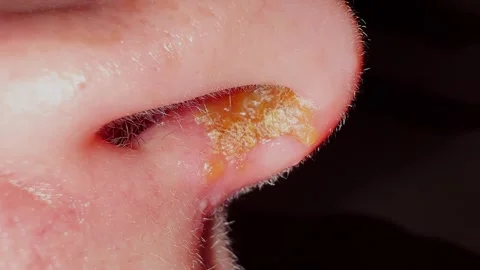 Close-up view of yellowish crust and inflammation under the nose 库存影片 314243328