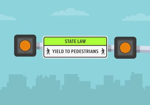 Close-up view of a "Yield to pedestrians" state road sign with flash lights. Stock Illustration