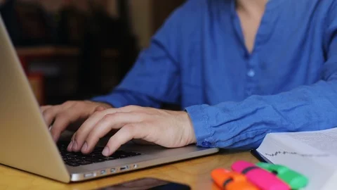 Close-up view of young man hands typing text on laptop keyboard texting chat Video stock 90101463