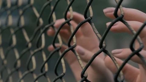 Close-up view of young woman's hands grabing metal mesh at fenced area. Stock Footage 100144391