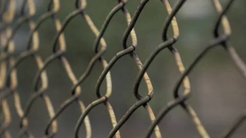 Close-up view of young woman's hands slip on the metal mesh at fenced area. Stock Footage 100145388