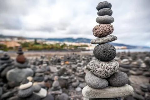 Close up view of the zen column on the beach.Shallow dept of field.Tenerife Stock Photos