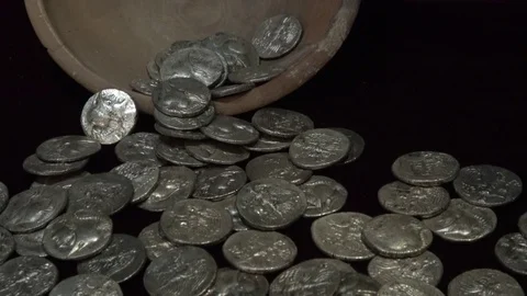 Close up Viewing ancient silver coins mint BC Video stock 102590675