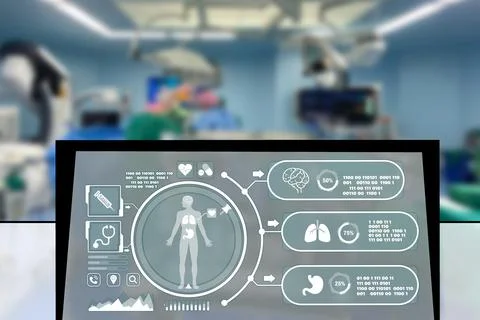 Close-up viewing and analytics at Hologram human anatomy and skeleton. Featur Stock Photos