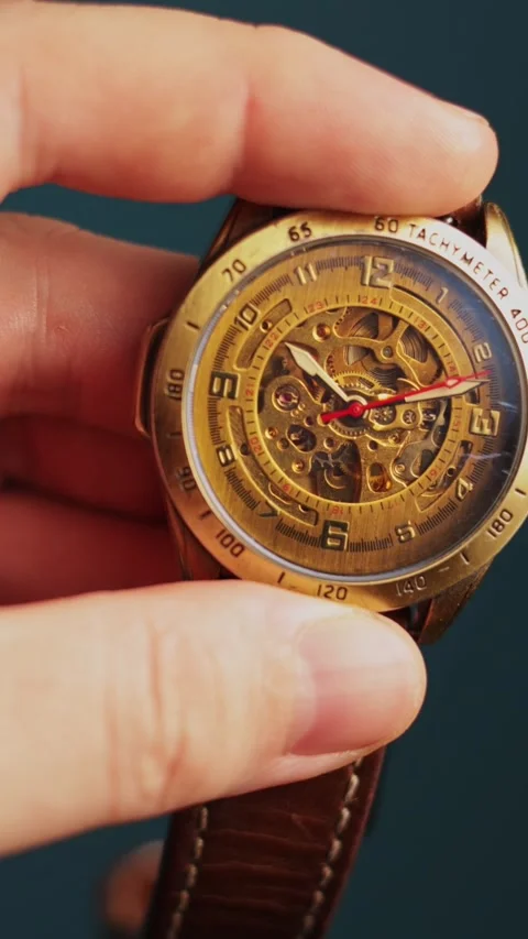 Close-up of a vintage automatic mechanical watch with exposed gears Stock-Footage 343838067