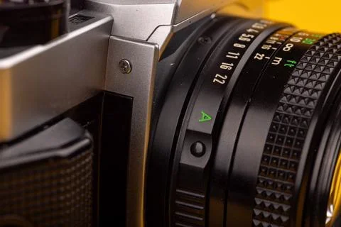 Close-up of a vintage camera's optics, emphasizing its classic features and.. Stock Photos