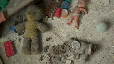 Close-up of Vintage Dolls Covered in Dust on a Shelf in a Pripyat Kindergarten. Stock Footage 321347697