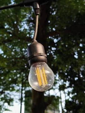 Close up of vintage LED outdoor string light with green bokeh Stock Photos