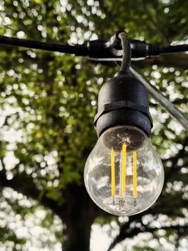 Close up of vintage LED outdoor string light with green bokeh Stock Photos